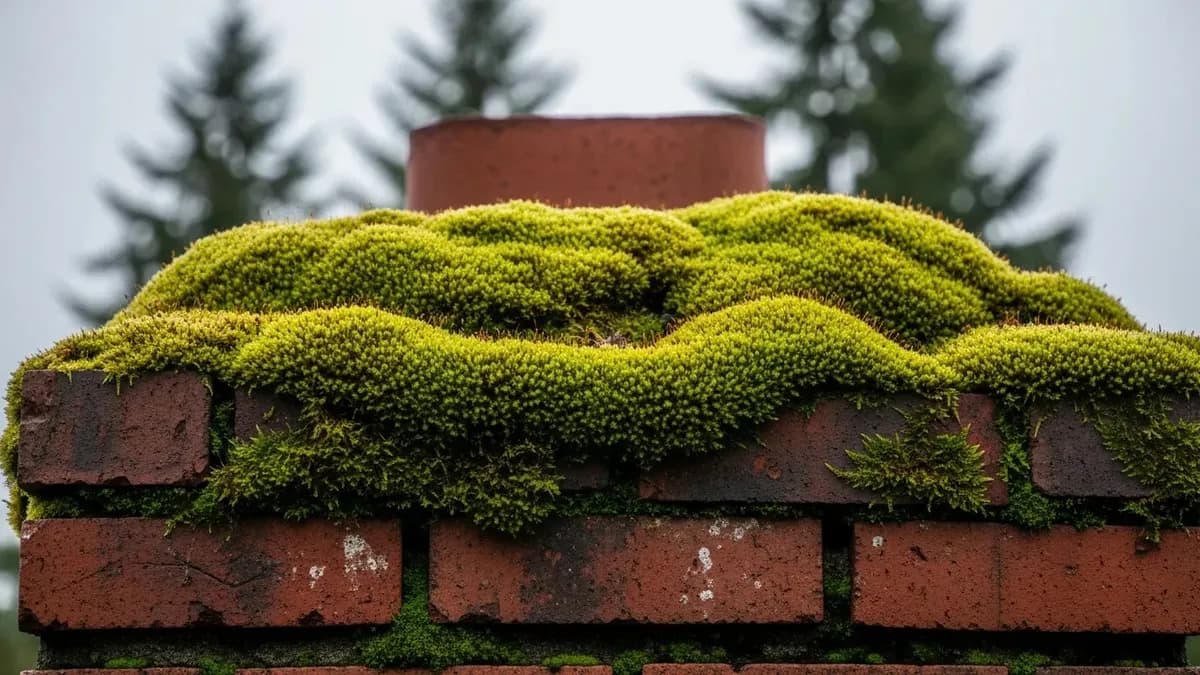 Close-up of green moss growing on red brick chimney on Seattle craftsman home with overcast Pacific Northwest sky and Douglas fir trees visible in background