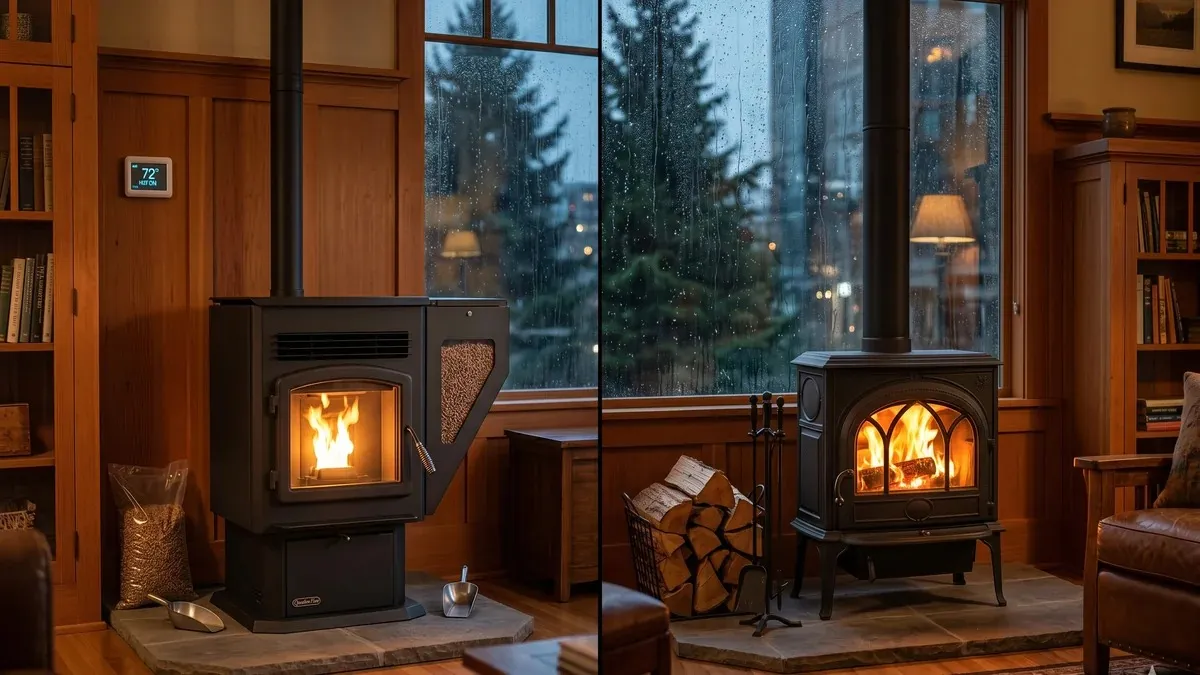 Side-by-side comparison of a modern pellet stove and an EPA-certified wood stove in a Seattle living room with rain visible through the window