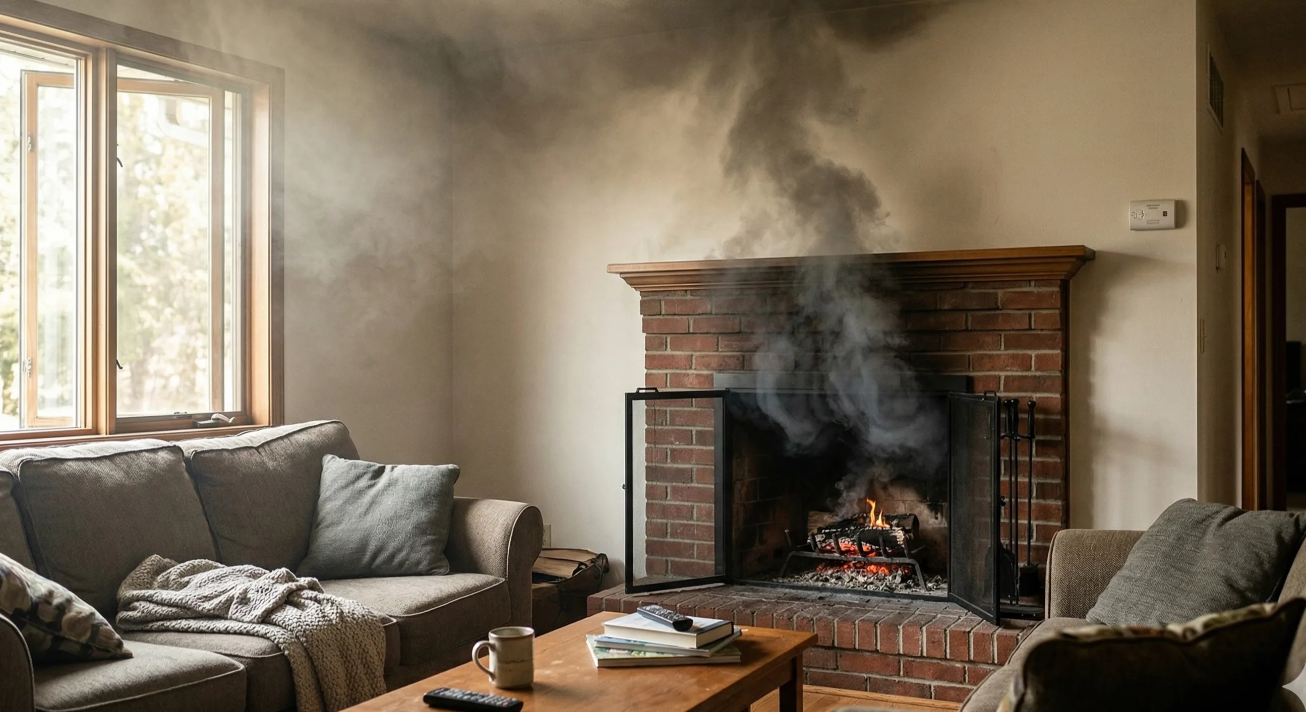 Smoke backdrafting from a fireplace into a Seattle living room during winter