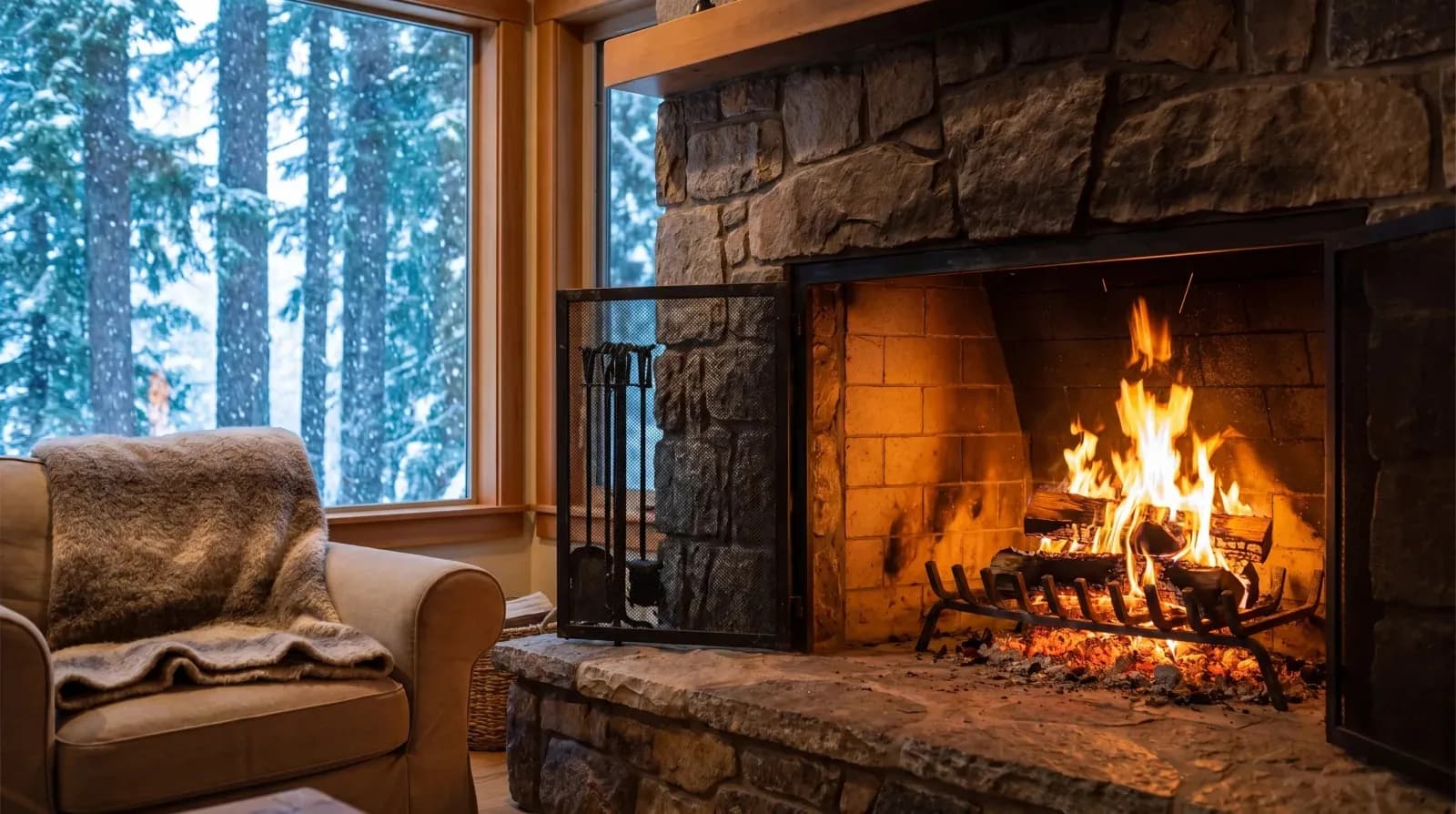 Cozy stone fireplace with wood fire burning in a Seattle living room during winter snowfall