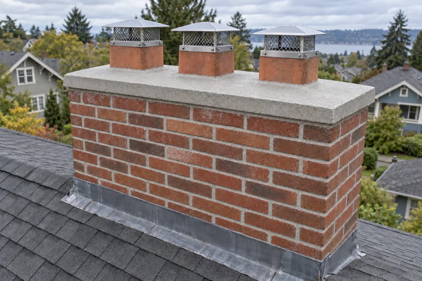 North Tacoma chimney with an eroded mossy crown, spalled brick and three uncapped clay flues before repair