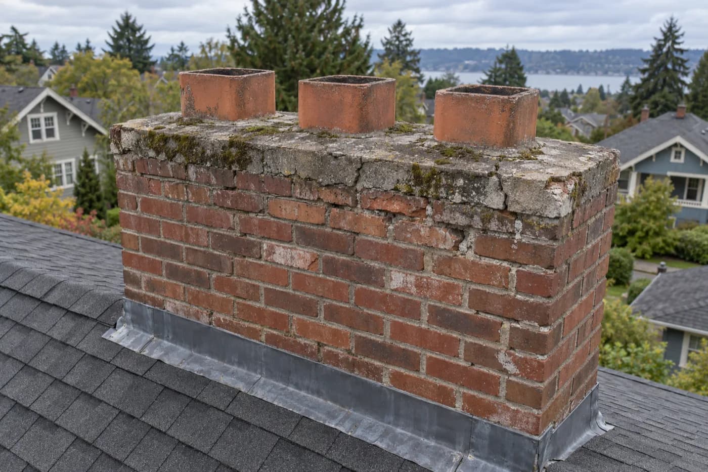 Before: North Tacoma chimney with an eroded mossy crown, spalled brick and three uncapped clay flues before repair