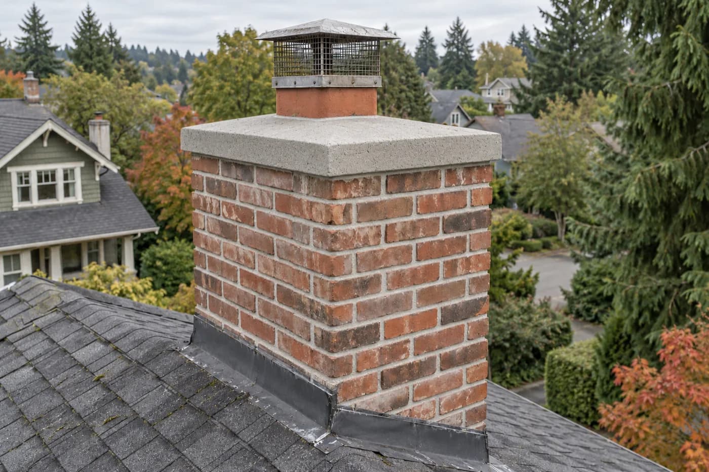 Northeast Seattle chimney with missing mortar joints and a cracked, mossy crown before repointing and crown rebuild