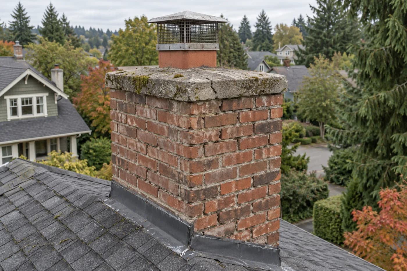 Before: Northeast Seattle chimney with missing mortar joints and a cracked, mossy crown before repointing and crown rebuild