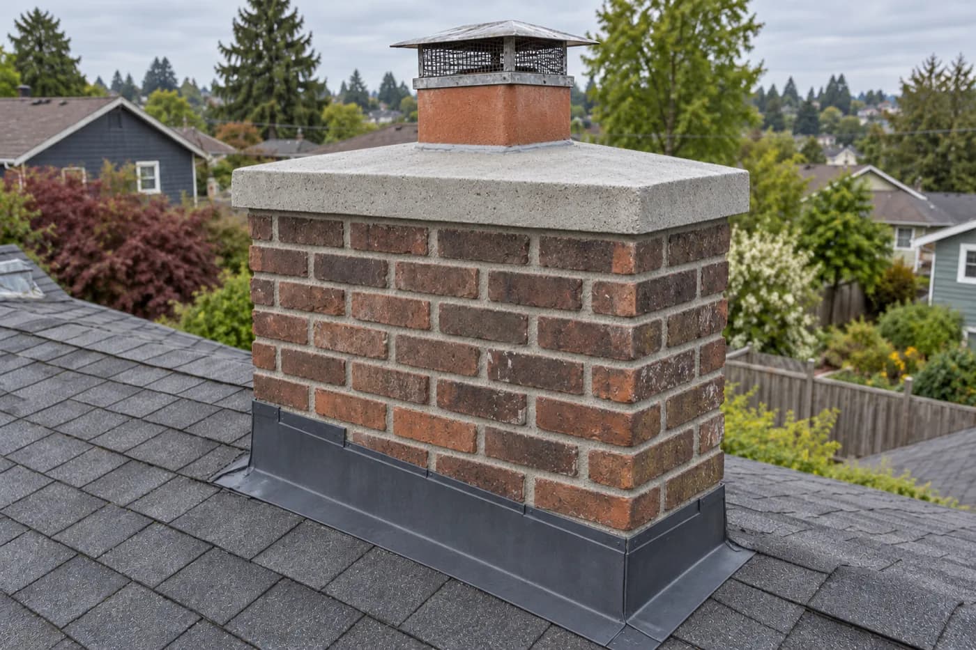 After: Rainier Valley chimney with open mortar joints, a mossy cracked crown and tar-patched flashing before repair