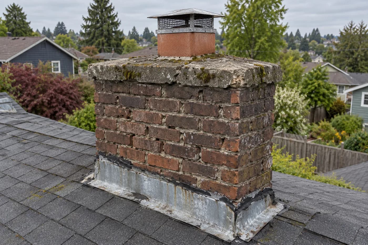 Before: Rainier Valley chimney with open mortar joints, a mossy cracked crown and tar-patched flashing before repair