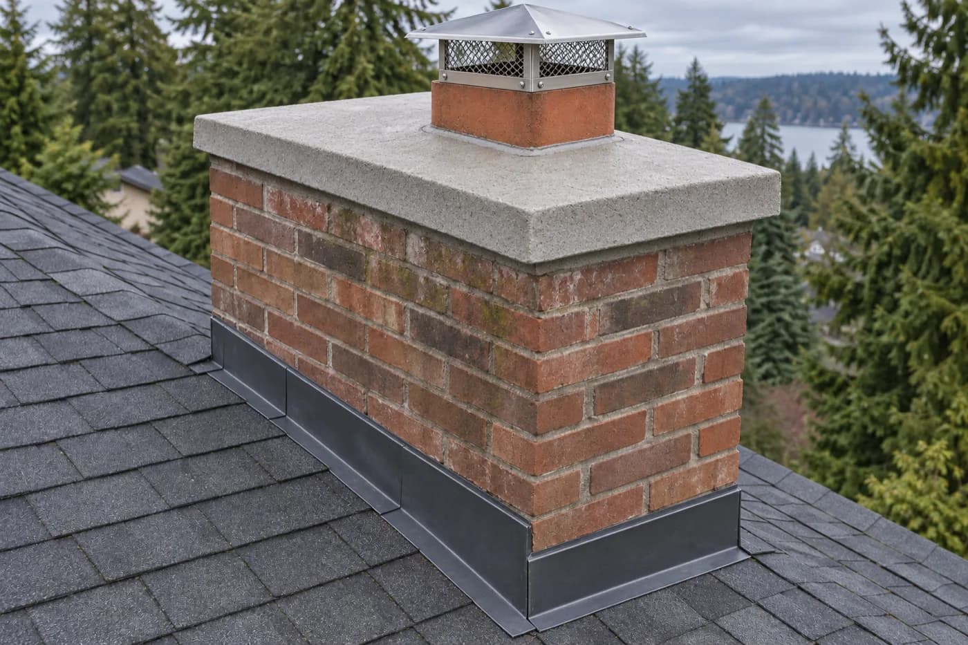 Chimney in Sammamish with a cracked, mossy crown and an open clay flue before crown rebuild, new stainless cap and flashing