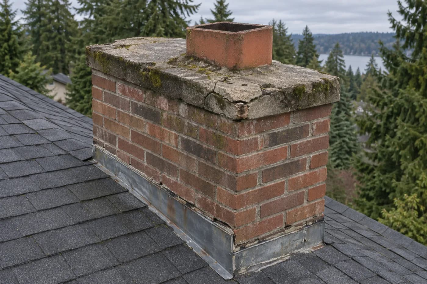 Before: Chimney in Sammamish with a cracked, mossy crown and an open clay flue before crown rebuild, new stainless cap and flashing