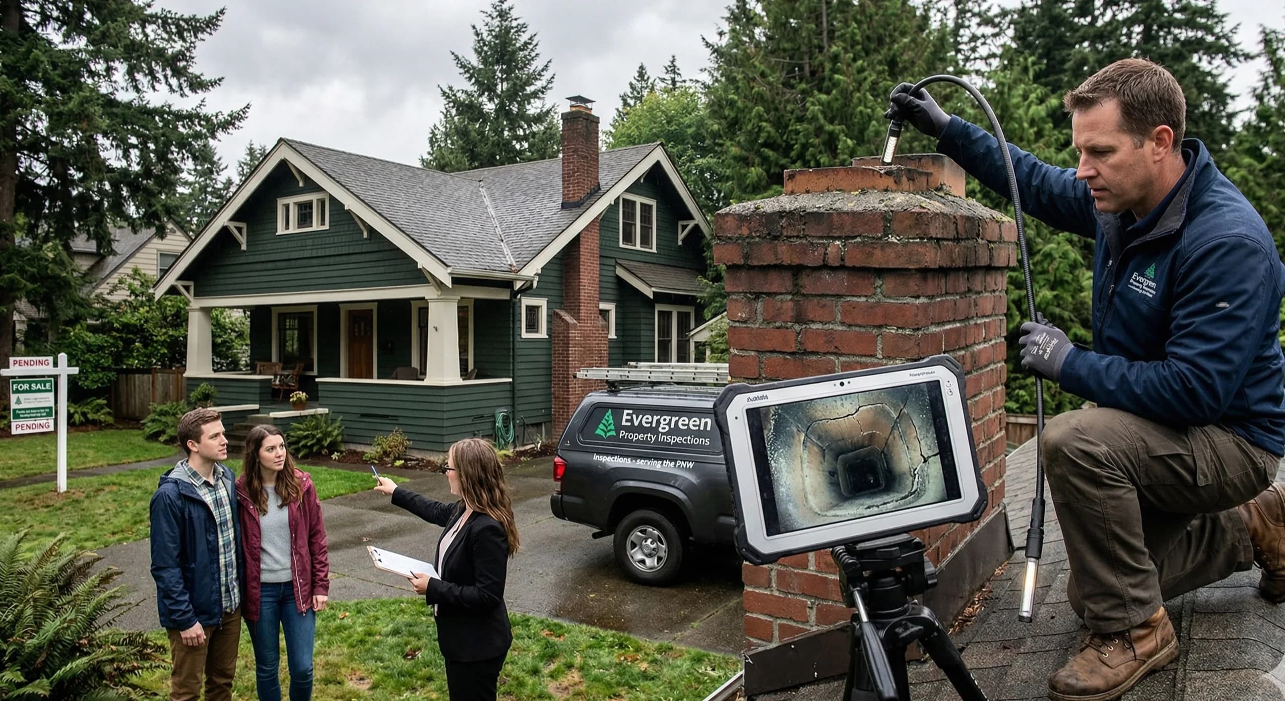 CSIA-certified chimney technician performing a Level II inspection with flue camera during a home purchase in Washington State