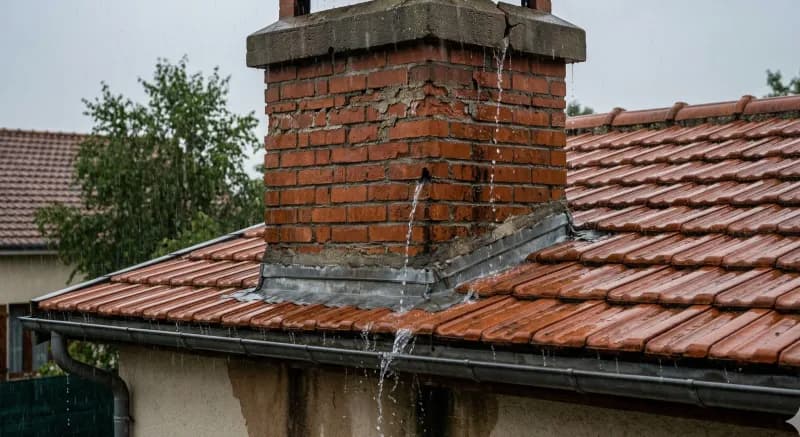 Water damage from a leaking Seattle chimney — stained masonry and failed flashing on a Pacific Northwest craftsman home