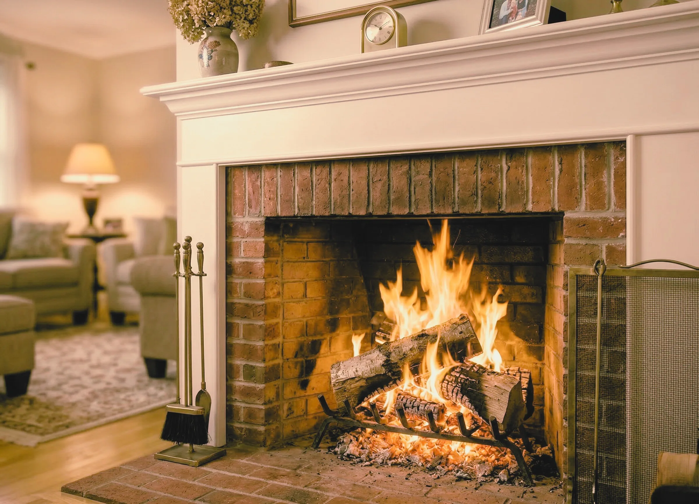 Fireplace with burning logs — creosote buildup prevention in Seattle