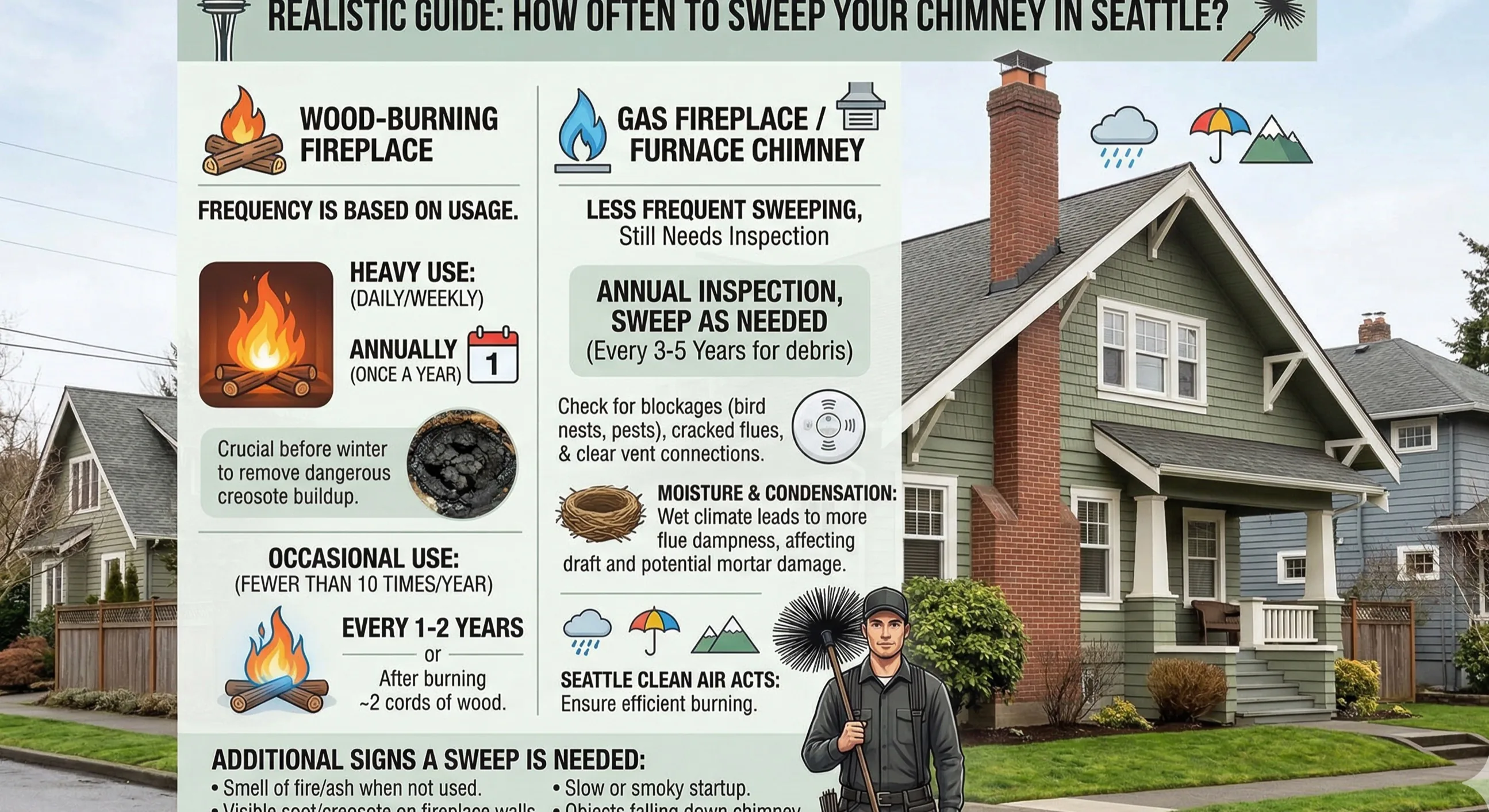 Professional chimney sweep cleaning a Seattle home chimney on an overcast Pacific Northwest day