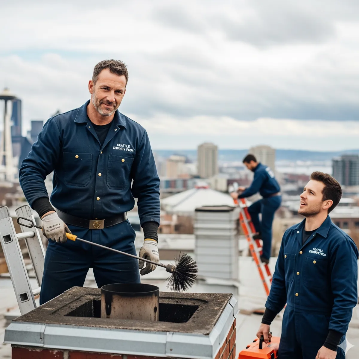 Seattle Chimney Pros team performing chimney sweep on rooftop with Space Needle skyline