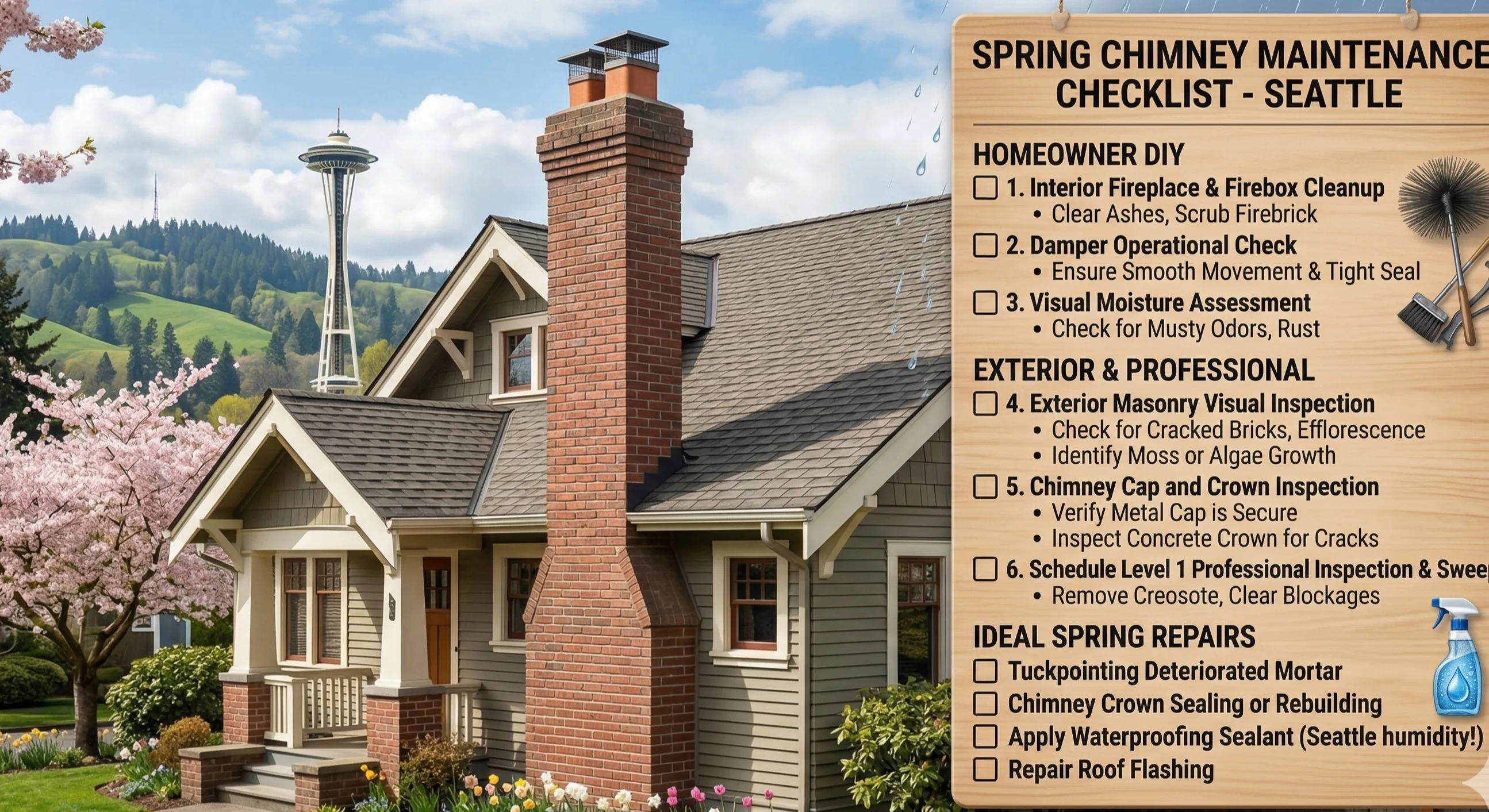 Spring chimney maintenance inspection in Seattle — checking winter damage on a brick chimney