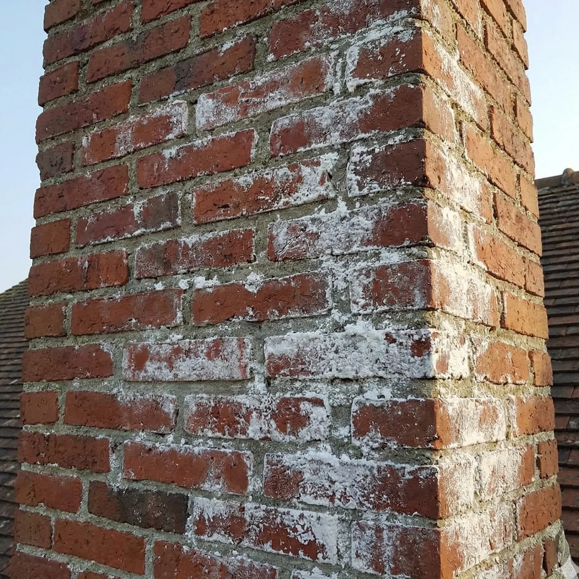 White efflorescence staining on chimney bricks on a Seattle home in 2026